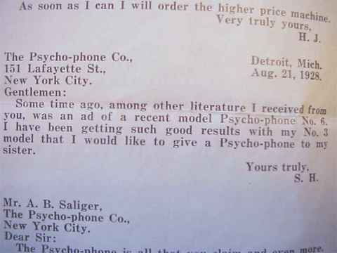 Letter to AB Saliger of the Psycho-phone Company - testimonial