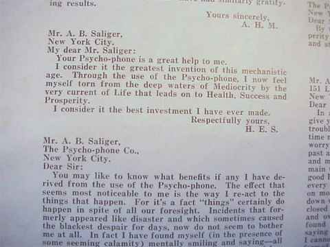 Letter to AB Saliger of the Psycho-Phone Company testimonials 