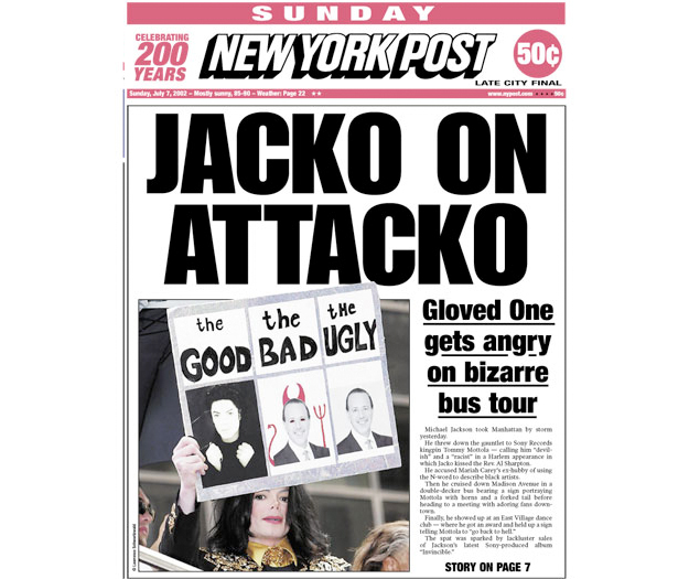 New York Post article on Michael Jackson in NYC on July 7 2002 - same day as the presented Will was signed
