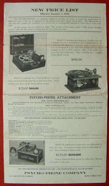 Psycho-phone original price list from January 1, 1929