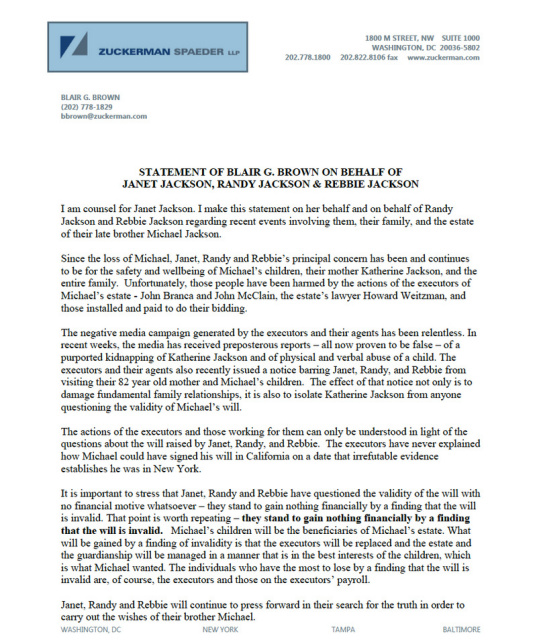 STATEMENT OF BLAIR G. BROWN ON BEHALF OF JANET JACKSON, RANDY JACKSON & REBBIE JACKSON